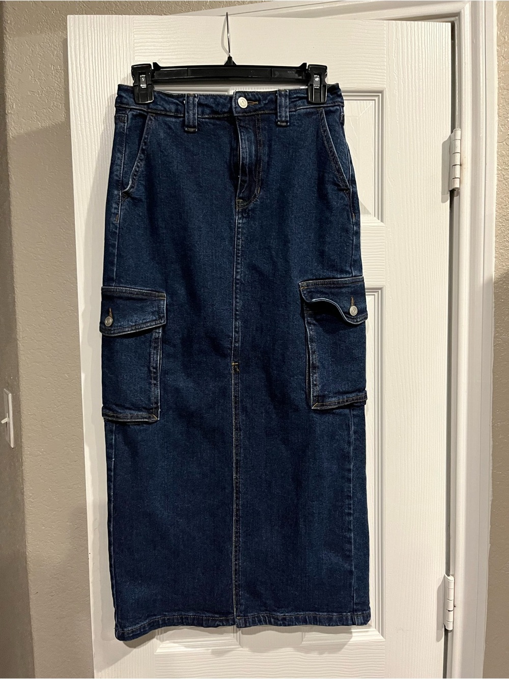 Dark Blue Denim Cargo Midi Skirt